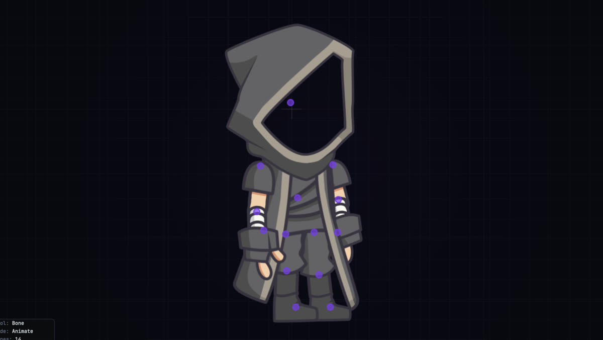 A hooded character with bone joints placed along the arms, legs, and torso