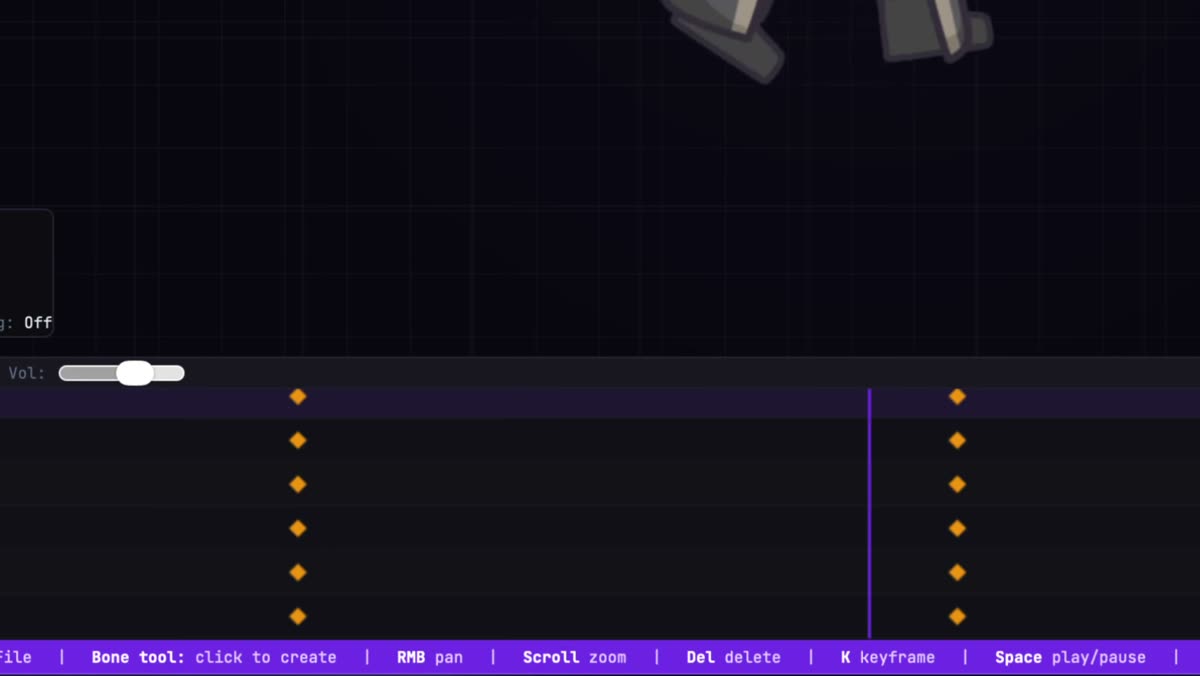 Keyframes stacked across several bone tracks in the SpineBones timeline, with the playhead to their right