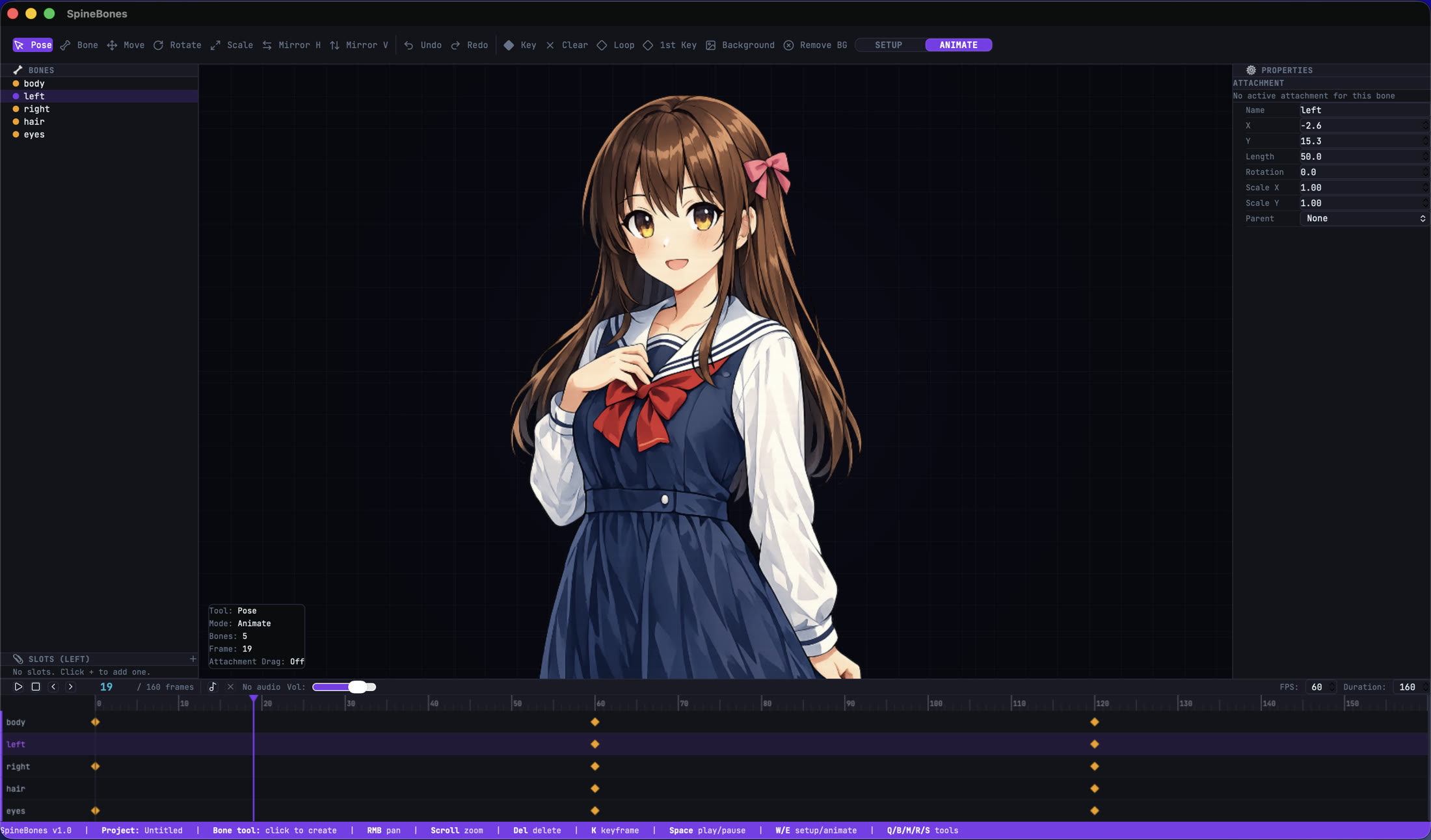 The SpineBones editor showing a bone list, character canvas, bone properties, and a keyframe timeline